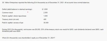 30. Yellow Enterprises reported the following ($ in thousands) as of December 31, 2021. All accounts have normal balances.
Deficit (debit balance in retained earnings)
Common stock
Paid-in capital-share repurchase
Treasury stock (at cost)
Paid-in capital-excess of par
$ 3,000
2,000
1,000
400
30,000
During 2022 ($ in thousands), net income was $9,000; 25% of the treasury stock was resold for $450; cash dividends declared were $600; cash
dividends paid were $500.
What (S in thousands) was shareholders' equity as of December 31, 2021?