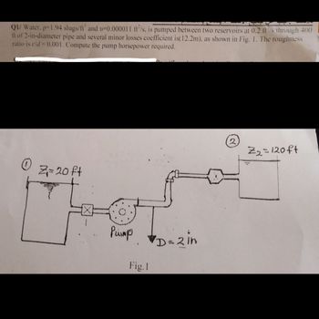 Q1/ Water. p=1.94 slugs/ft' and v=0.000011 ft/s, is pumped between two reservoirs at 0.2 ft/s through 400
It of 2-in-diameter pipe and several minor losses coefficient is(12.2m), as shown in Fig. 1. The roughness
ratio is s/d = 0.001. Compute the pump horsepower required.
MY
(2)
Z₂=120ft
Z=20 ft
Pump
Fig.1
D=2 in