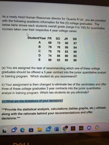 - As a newly hired Human Resources director for 'Quants R Us', you are provided
with the following academic information for five (5) college graduates. The
below table shows each students overall grade (range 0 to 100) for quantitative
courses taken over their respective 4 year college career.
4
Student/Year FR SO JR
SR
68
73
80
87
79
76 86
84
75
78
83
88
74
88
80
85
80
83 85 86
ABCD
E
(a) You are assigned the task of recommending which one of these college
graduates should be offered a 3 year contract into the junior quantitative analyst
in training program. Which student do you recommend?
MU
b) Your assignment is then changed to eliminate two of the candidates and offer
three of these college graduates 3 year contracts into the junior quantitative
analyst in training program. Which two students do you eliminate?
(c) What are the limitations of your decisions?
***Provide the statistical analysis, calculations (tables graphs, etc.) utilized,
along with the rationale behind your recommendations and offer
decisions.***
hulu
B