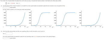 The number N(t) of supermarkets throughout the country that are using a computerized checkout system is described by the initial-value problem
dN
dt
(a) Use the phase portrait concept of Section 2.1 to predict how many supermarkets are expected to adopt the new procedure over a long period of time.
supermarkets
By hand, sketch a solution curve of the given initial-value problem.
N
5000
4000
3000
2000
= N(1 - 0.0002N), N(0) = 1.
1000
5
10
15
20
t
N
5000
4000
3000
2000
1000
O
5
10
15
(b) Solve the initial-value problem and then use a graphing utility to verify the solution curve in part (a).
N(t) =
20
t
N
2500H
2000
1500
1000
500
How many supermarkets are expected to adopt the new technology when t = 10? (Round your answer to the nearest integer.)
supermarkets
5
10
15
20
t
N
2500H
2000
1500
1000
500
5
10
15
20
t
Ⓡ