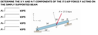 DETERMINE THE X-Y AND N-T COMPONENTS OF THE 17.5 KIP FORCE F ACTING ON
THE SIMPLY SUPPORTED BEAM.
Fx=l
KIPS
F = 17.5 kips
y
Fy=
KIPS
39
19'
B
---N
--x
FN=l
KIPS
34'
A
C
FT=
KIPS
18°
