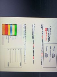 mass
Density
volume
Mass
density x volume
and Dens
3. Solve the following word
problem using the formula
given.
Show work! No work No
credit!
mass
Volume =
density
A. Mass of the gift is 150 g and the volume of the gift is 50 ml, find the density of
the gift.
Stutents will be able to use
B. The volume of an irregular object is 11 ml and its density is 3 g/ml. Find the
mass of the irregular object.
4. Arrange the liquids shown in the image below in ascending order (lowest
density > highest density).
1.
_(lowest)
2.
3.
Ethanol
4.
Refined Oil
5.
Water
Dishwashing Soap
(highest)
6.
Glycerine
Honey
