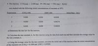 tiea
4. The reaction: 2 ClO2(aq) + 2 OH'(aq) → cl0;'(aq) + ClO;"(aq) + H2O(1)
was studied with the following initial concentrations of reactants at 50°C:
Experiment
[C1O,] (M)
TOH1 (M)
Initial Rate: (M/s).
1
0.060
0.030
0.0248
0.020
0.030
0.00276
0.020
0.090
0.00828
a) Determine the rate law for the reaction.
b) Calculate the rate constant, k, for this reaction using the data from each run and then calculate the average value for
the rate constant, k.
c) Using the average value for the rate constant, calculate the initial rate of the reaction when the initial concentrations
of the reactants are [C1O2] = 0.10M and [OH]= 0.050M.
%3D
%3D
2.
3.
