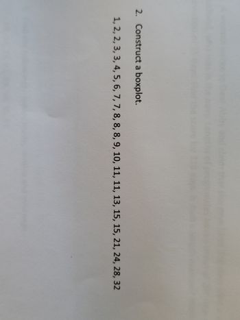 2. Construct a boxplot.
1, 2, 2, 3, 3, 4, 5, 6, 7, 7, 8, 8, 8, 9, 10, 11, 11, 13, 15, 15, 21, 24, 28, 32