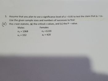 5. Assume that you plan to use a significance level of a = 0.05 to test the claim that p1 = P2.
Use the given sample sizes and numbers of successes to find
the z test statistic, (b) the critical z values, and (c) the P-value.
Females
Males
n₁ = 1068
X1 = 332
n₂ =1220
X2 = 420