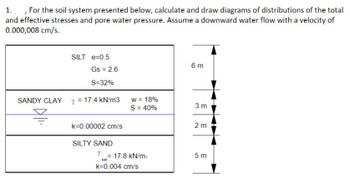 1. For the soil system presented below, calculate and draw diagrams of distributions of the total
and effective stresses and pore water pressure. Assume a downward water flow with a velocity of
0.000,008 cm/s.
SANDY CLAY
SILT e=0.5
Gs = 2.6
S=32%
Y = 17.4 kN/m3
k=0.00002 cm/s
SILTY SAND
Y
w = 18%
S = 40%
= 17.8 kN/m3
sat
k=0.004 cm/s
6m
3 m
2 m
5m