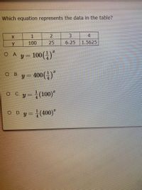 Which equation represents the data in the table?
3.
4
100
25
6.25
1.5625
O A "
y = 100()
O B.
y= 400(금)"
%3D
O Cy =(100)"
O D. y =(400)"
