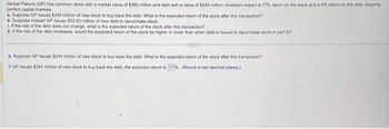 Global Pistons (GP) has common stock with a market value of $380 million and debt with a value of $245 million, Investors expect a 17% return on the stock and a 4% return on the debt. Assume
perfect capital markets.
a. Suppose GP issues $245 million of new stock to buy back the debt. What is the expected return of the stock after this transaction?
b. Suppose instead GP issues $53.63 million of new debt to repurchase stock.
1. If the risk of the debt does not change, what is the expected return of the stock after this transaction?
1. If the risk of the debt increases, would the expected return of the stock be higher or lower than when debt is issued to repurchase stock in part (0)7
a. Suppose GP issues $245 million of new stock to buy back the debt. What is the expected return of the stock after this transaction?
If GP issues $245 million of new stock to buy back the debt, the expected return is [17%. (Round to two decimal places.)