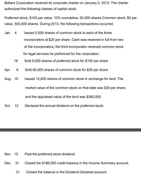 Ballard Corporation received its corporate charter on January 2, 2013. The charter
authorized the following classes of capital stock:
Preferred stock, $100 par value, 10% cumulative, 50,000 shares Common stock, $5 par
value, 500,000 shares. During 2013, the following transactions occurred:
Jan. 4
Issued 5,000 shares of common stock to each of the three
incorporators at $20 per share. Cash was received in full from two
of the incorporators; the third incorporator received common stock
for legal services he performed for the corporation.
18
Sold 6,000 shares of preferred stock for $105 per share.
Aprг.
Sold 60,000 shares of common stock for $26 per share.
Aug. 10
Issued 12,000 shares of common stock in exchange for land. The
market value of the common stock on that date was $30 per share,
and the appraised value of the land was $380,000.
Oct. 12
Declared the annual dividend on the preferred stock.
Nov. 15
Paid the preferred stock dividend.
Dec. 31
Closed the $186,000 credit balance in the Income Summary account.
31
Closed the balance in the Dividend Declared account.
