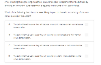 After sweating through a long marathon, a runner decides to replenish their body fluids by
drinking an amount of pure water that is equal to the volume of lost bodily fluids.
Which of the following describes the most likely impact on the cells in the body of the run-
ner as a result of this action?
A
B
с
D
The cells will swell because they will become hypertonic relative to their normal solute
concentration.
The cells will shrivel up because they will become hypotonic relative to their normal
solute concentration.
The cells will swell because they will become hypotonic relative to their normal solute
concentration.
The cells will shrivel up because they will become hypertonic relative to their normal
solute concentration.