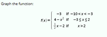 Graph the function:

\[
f(x) = 
\begin{cases} 
-3 & \text{if } -10 < x \leq -3 \\
4 - x^2 & \text{if } -3 \leq x \leq 2 \\
\frac{1}{2}x - 2 & \text{if } x > 2 
\end{cases}
\]

Explanation:

1. **For \( -10 < x \leq -3 \):**  
   The function \( f(x) = -3 \) represents a horizontal line at \( y = -3 \).

2. **For \( -3 \leq x \leq 2 \):**  
   The function \( f(x) = 4 - x^2 \) is a downward-opening parabola with vertex at \( (0, 4) \).

3. **For \( x > 2 \):**  
   The function \( f(x) = \frac{1}{2}x - 2 \) is a line with a slope of \( \frac{1}{2} \) and y-intercept at \(-2\).

The piecewise function consists of linear and quadratic components, with distinct behaviors across different intervals of \( x \).