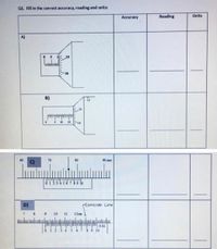 Q1. Fill in the correct accuracy, reading and units:
Accuracy
Reading
Units
A)
30
B)
10
15
60
70
80
90 mm
C)
of 6 $
D)
Concide Line
10
11
12cm
0.02
12 34
6.
$ 9 10
