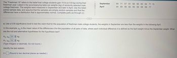 The "Freshman 15" refers to the belief that college students gain 15 lb (or 6.8 kg) during their
freshman year. Listed in the accompanying table are weights (kg) of randomly selected male
college freshmen. The weights were measured in September and later in April. Use the listed
paired sample data, and assume that the samples are simple random samples and that the
differences have a distribution that is approximately normal. Complete parts (a) through (c).
September
68 71 57 81 68 56 65 64 71
April
64 69 58 82 69 58 68 68 77
a. Use a 0.05 significance level to test the claim that for the population of freshman male college students, the weights in September are less than the weights in the following April.
In this example, Hd is the mean value of the differences d for the population of all pairs of data, where each individual difference d is defined as the April weight minus the September weight. What
are the null and alternative hypotheses for the hypothesis test?
Ho Hd
= 0 kg
0 kg
H₁ Hd
(Type integers or decimals. Do not round.)
Identify the test statistic.
t=
(Round to two decimal places as needed.)