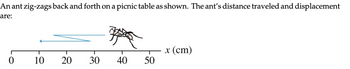An ant zig-zags back and forth on a picnic table as shown. The ant's distance traveled and displacement
are:
0
10
20
30
B
40
50
x (cm)