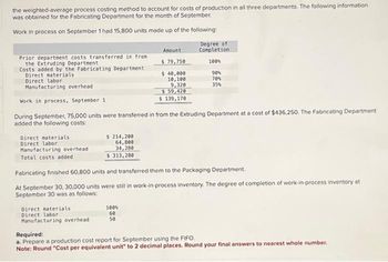 the weighted-average process costing method to account for costs of production in all three departments. The following information
was obtained for the Fabricating Department for the month of September.
Work in process on September 1 had 15,800 units made up of the following:
Direct materials
Direct labor
Prior department costs transferred in from
the Extruding Department.
Costs added by the Fabricating Department
Direct materials
Direct labor
Manufacturing overhead
Work in process, September 1
During September, 75,000 units were transferred in from the Extruding Department at a cost of $436,250. The Fabricating Department
added the following costs:
Manufacturing overhead.
Total costs added
$ 214,200
64,800
34,280
$ 313,280
Direct materials
Direct labor
Manufacturing overhead
Amount
$ 79,750
$ 40,000
10,100
9,320
$ 59,420
$ 139,170
Degree of
Completion.
100%
100%
60
50
Fabricating finished 60,800 units and transferred them to the Packaging Department.
At September 30, 30,000 units were still in work-in-process inventory. The degree of completion of work-in-process inventory at
September 30 was as follows:
90%
70%
35%
Required:
a. Prepare a production cost report for September using the FIFO.
Note: Round "Cost per equivalent unit" to 2 decimal places. Round your final answers to nearest whole number.