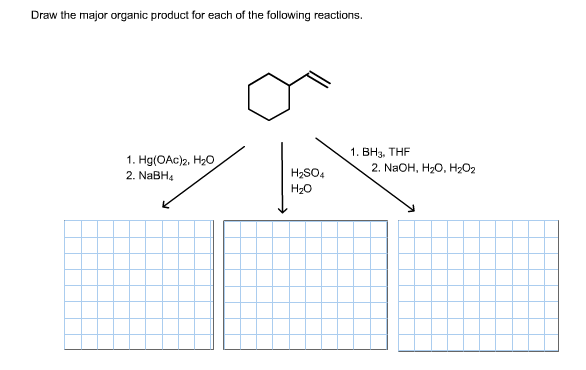 Draw the major organic product for each of the following reactions.
1. ВНз. THF
2. NaOH, H-O, НаО2
1. Hg(OAc)2, H20
2. NaBH4
H2SO4
H20
