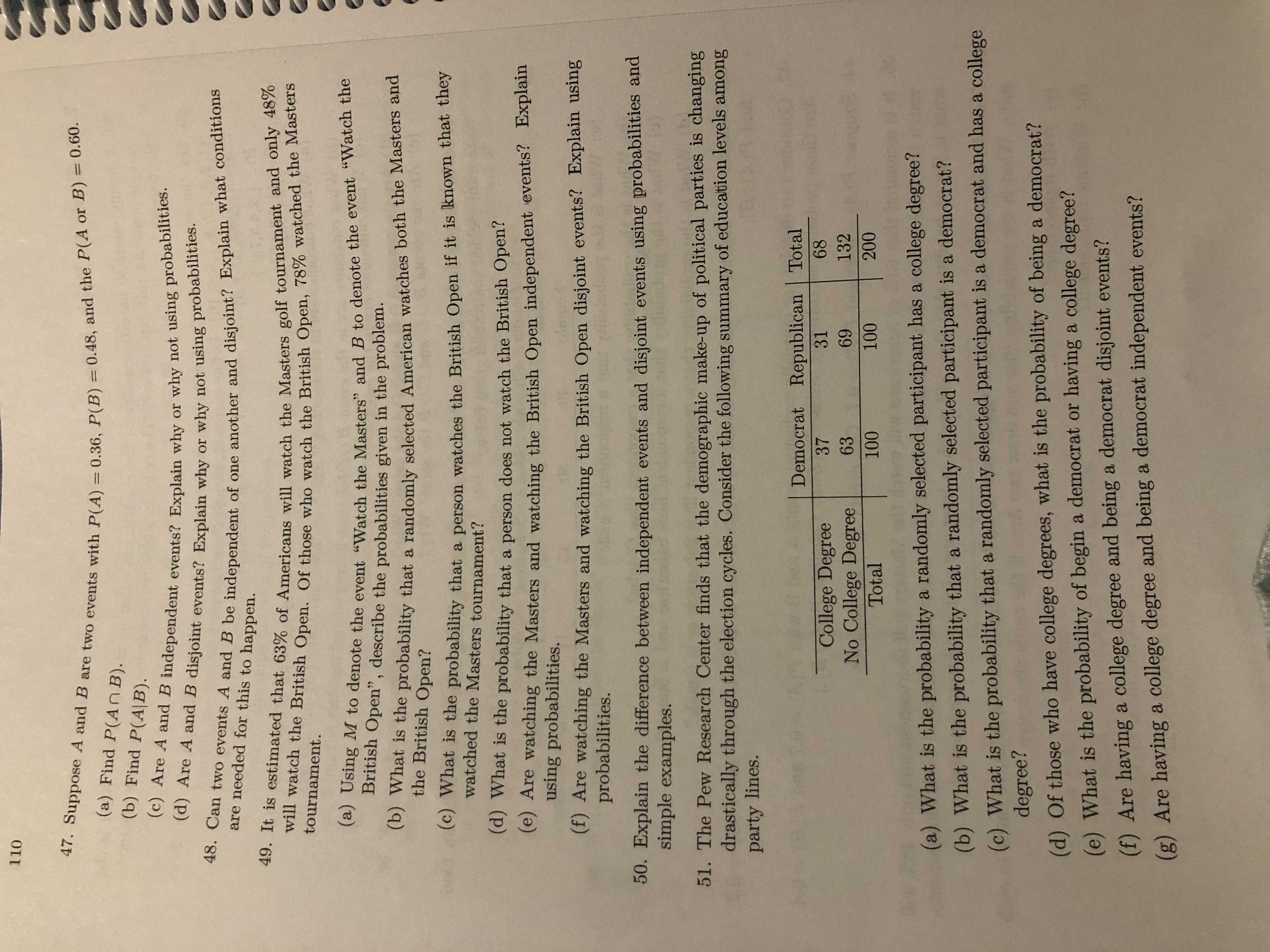 110
47. Suppose A and B are two events with P(A) = 0.36, P(B) = 0.48, and the P(A or B) = 0.60.
%3D
%3D
(a) Find P(An B).
(b) Find P(A|B).
(c) Are A and B independent events? Explain why or why not using probabilities.
(d) Are A and B disjoint events? Explain why or why not using probabilities.
48. Can two events A and B be independent of one another and disjoint? Explain what conditions
are needed for this to happen.
49. It is estimated that 63% of Americans will watch the Masters golf tournament and only 48%
will watch the British Open. Of those who watch the British Open, 78% watched the Masters
(a) Using M to denote the event "Watch the Masters" and B to denote the event "Watch the
British Open", describe the probabilities given in the problem.
(b) What is the probability that a randomly selected American watches both the Masters and
the British Open?
(c) What is the probability that a person watches the British Open if it is known that they
watched the Masters tournament?
(d) What is the probability that a person does not watch the British Open?
(e) Are watching the Masters and watching the British Open independent events? Explain
using probabilities.
(f) Are watching the Masters and watching the British Open disjoint events? Explain using
probabilities.
50. Explain the difference between independent events and disjoint events using probabilities and
simple examples.
51. The Pew Research Center finds that the demographic make-up of political parties is changing
drastically through the election cycles. Consider the following summary of education levels among
party lines.
Democrat Republican Total
68
31
College Degree
No College Degree
Total
37
132
69
63
200
100
100
(a) What is the probability a randomly selected participant has a college degree?
(b) What is the probability that a randomly selected participant is a democrat?
(c) What is the probability that a randomly selected participant is a democrat and has a college
degree?
(d) Of those who have college degrees, what is the probability of being a democrat?
(e) What is the probability of begin a democrat or having a college degree?
(f) Are having a college degree and being a democrat disjoint events?
(g) Are having a college degree and being a democrat independent events?
