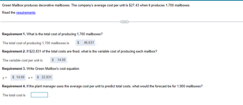Green Mailbox produces decorative mailboxes. The company's average cost per unit is $27.43 when it produces 1,700 mailboxes.
Read the requirements.
Requirement 1. What is the total cost of producing 1,700 mailboxes?
The total cost of producing 1,700 mailboxes is $
Requirement 2. If $22,831 of the total costs are fixed, what is the variable cost of producing each mailbox?
The variable cost per unit is
Requirement 3. Write Green Mailbox's cost equation.
y =
$14.00
X +
$22.831
$14.00
(...)
46,631
Requirement 4. If the plant manager uses the average cost per unit to predict total costs, what would the forecast be for 1,900 mailboxes?
The total cost is