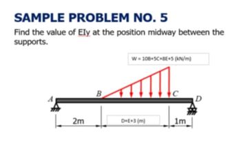 SAMPLE PROBLEM NO. 5
Find the value of Ely at the position midway between the
supports.
B
W=108+SC+BE+5 (kN/m)
2m
D+E+3 (m)
1m
D