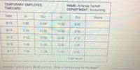 TEMPORARY EMPLOYEE
TIMECARD
NAME: Amanda Tackett
DEPARTMENT: Accounting
Date
In
Out
In
Out
Hours
9/13
7:00
11:00
11:30
3:45
9/14
7:15
11:35
12:30
3:35
9/15
7:10
12:00
12:40:
4:10
9/16
7:20
11:50
12.50
4:50
9/17
7.05
11.09
11:50
3:30
Total Hours
. Amanda Tackett earns $8.50 per hour What is her-total pay for the week?
