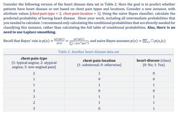 Consider the following version of the heart disease data set in Table 2. Here the goal is to predict whether
patients have heart disease or not based on chest pain types and locations. Consider a new instance, with
attribute values [chest-pain-type = 2, chest-pain-location = 1]. Using the naïve Bayes classifier, calculate the
predicted probability of having heart disease. Show your work, including all intermediate probabilities that
you needed to calculate. I recommend only calculating the conditional probabilities that are directly needed for
classifying this instance, rather than calculating the full table of conditional probabilities. Also, there is no
need to use Laplace smoothing.
Recall that Bayes' rule is p(x) = ²(c)p(c)
p(x)
chest-pain-type
{1: typical angina; 2: atypical
angina; 3: non-anginal pain}
2
1
1
3
3
2
3
=
p(c)p(c)
Σp(c')p(c')'
and naïve Bayes assumes p(x) = [₁ p(x₁|c)
Table 2: Another heart disease data set
chest-pain-location
{1: substernal; 0: otherwise}
1
0
1
0
1
1
0
heart-disease (class)
{0: No; 1: Yes}
0
0
1
0
1
1
1