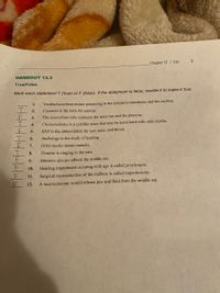 Chapter 13 | Ear
HANDOUT 13.3
True/False
Mark each statement T (true) or E (false), If the statement is false, rewrite it to make it true.
1.
Vestibulocochlear means pertaining to the tympanic membrane and the cochlea.
2.
Cerumen is the term for earwax.
3.
The eustachian tube connects the inner ear and the pharynx.
4.
Cholesteatoma is a cystlike mass that may be associated with otitis media.
5.
ENT is the abbreviation for eye, nose, and throat.
6.
Audiology is the study of hearing.
7.
Otitis media means earache.
8.
Tinnitus is ringing in the ears.
9.
Ménière disease affects the middle ear.
10.
Hearing impairment occuring with age is called presbyopia.
11.
Surgical reconstruction of the malleus is called stapedectomy.
12.
A mastoidotomy would release pus and fluid from the middle ear.
