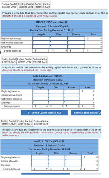 Ending Capital Ending Capital Ending Capital
Balance 2020 Balance 2021 Balance 2022
Prepare a schedule that determines the ending capital balance for each partner as of the er
deducted should be indicated with minus sign.)
Beginning balances
Net income allocation
Drawings
Ending balances
Ending Capital Ending Capital Ending Capital
Balance 2020 Balance 2021 Balance 2022
Beginning balances
Additional investment
Net income allocation
Drawings
Ending balances
ANGELA, DIAZ, and KRAUSE
Statement of Partners' Capital
For the Year Ending December 31, 2020
Angela
Diaz
$
Beginning balances
Income allocation
Drawings
Ending balances
0 $
Prepare a schedule that determines the ending capital balance for each partner as of the er
deducted should be indicated with minus sign.)
$
ANGELA, DIAZ, and KRAUSE
Statement of Partners' Capital
For the Year Ending December 31, 2021
Angela
Diaz
Ending Capital Ending Capital Ending Capital
Balance 2020 Balance 2021 Balance 2022
0 $
< Ending Capital Balance 2020
0 $
$
ANGELA, DIAZ and KRAUSE
Statement of Partners' Capital
0 $
0 $
For the Year Ending December 31, 2022
Angela
Diaz
Krause
Krause
0 $
0 $
$
Prepare a schedule that determines the ending capital balance for each partner as of the
deducted should be indicated with minus sign. Do not round intermediate calculations. R
dollar amounts.)
Krause
$
$
Total
Total
$
0 $
Ending Capital Balance 20
0
0
0
0
0
0
0
Total
0
0
0
0
0
0