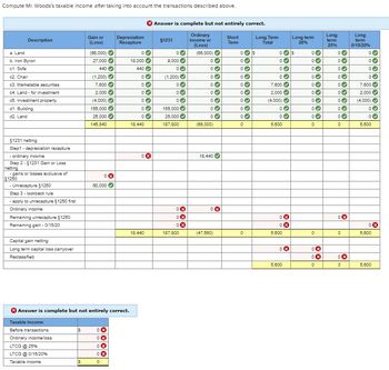 Compute Mr. Woods's taxable income after taking into account the transactions described above.
Description
a. Land
b. Iron Byron
c1. Sofa
c2. Chair
c3. Marketable securities
c4. Land - for investment
c5. Investment property
d1. Building
d2. Land
§1231 netting
Step1 - depreciation recapture
- ordinary income
Step 2 - $1231 Gain or Loss
netting
- gains or losses exclusive of
$1250
- Unrecapture § 1250
Step 3 - lookback rule
- apply to unrecapture 250 first
Ordinary income
Remaining unrecapture §1250
Remaining gain - 0/15/20
Capital gain netting:
Long term capital loss carryover
Reclassified
Taxable Income:
Before transactions
Ordinary income/loss
LTCG @ 25%
LTCG @ 0/15/20%
Taxable income
Gain or
(Loss)
$
(66,000)
27,000
440
(1,200) ✔
7,600
2,000
(4,000)
155,000
25,000
145,840
0x
Answer is complete but not entirely correct.
60,000
0 x
0
Depreciation
Recapture
0x
0x
0
0
18,000
440
0✔
0
oooo
33
0
0♥
0✔
0
18,440
18,440
X
Answer is complete but not entirely correct.
Ordinary
income or
(Loss)
Short
Term
(66,000)
$1231
0✔
9,000
0✔
(1,200) ✔
0
0✔
0✔
155,000✔
25,000
187,800
0X
0X
0x
187,800
0
0♥
0✔
0
0
0♥
0✔
0
(66,000)
18,440
33333
0X
(47,560)
0
0
0♥
0✔
0
0
0✔
0✔
0✔
0
0
S
Long Term
Total
O✔ S
0
0✔
0✔
7.600✔
2,000✔
(4,000) ✔
0
0
5,600
0x
0
5,600
0 x
Long term
28%
5,600
0✔
0✔
0♥
0♥
0✔
0✔
0♥
0✔
>>
0
0
0
0X
XX
0x
0
Long
term
25%
0✔
0
OO
0
0✔
0✔
0✔
0♥
OOO
0
0
0
0x
0
0x
0
Long
term
0/15/20%
0✔
0
0✔
0✔
7,600
2,000 ✓
(4,000) ✔
0
0
5,600
0
5,600
5,600