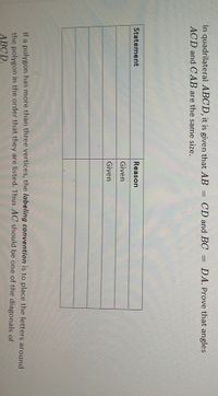 In quadrilateral ABCD, it is given that AB = CD and BC = DA. Prove that angles
ACD and OC AB are the same size.
Statement
Reason
Given
Given
If a polygon has more than three vertices, the labeling convention is to place the letters around
the polygon in the order that they are listed. Thus AC should be one of the diagonals of
ABCD.
