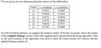 You are given six two-dimensional points shown in the table below.
Point
x coordinate y coordinate
Pi
0.1831
0.1085
p2
0.9624
0.1916
p3
0.0732
0.9594
p4
0.2572
0.6066
p5
0.4476
0.7871
0.2292
0.9489
Use the Euclidean distance to compute the distance matrix M for the six points. Show the results
of the complete linkage version of the basic agglomerative hierarchical clustering algorithm. That
is, for each iteration of the algorithm, you need to show the found closest two clusters and the
updated distance matrix M.
