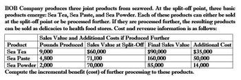 BOB Company produces three joint products from seaweed. At the split-off point, three basic
products emerge: Sea Tea, Sea Paste, and Sea Powder. Each of these products can either be sold
at the split-off point or be processed further. If they are processed further, the resulting products
can be sold as delicacies to health food stores. Cost and revenue information is as follows:
Sales Value and Additional Costs if Produced Further
Pounds Produced Sales Value at Split-Off Final Sales Value Additional Cost
Product
Sea Tea
9,000
Sea Paste
4,800
$60,000
71,100
$90,000
$35,000
160,000
50,000
Sea Powder 2,000
70,000
85,000
14,000
Compute the incremental benefit (cost) of further processing to these products.