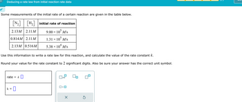 Deducing a rate law from initial reaction rate data
Some measurements of the initial rate of a certain reaction are given in the table below.
[N₂] [H₂] initial rate of reaction
2.13M 2.11 M
9.00 × 105 M/s
0.814M 2.11 M
1.31 ×
105
M/s
2.13M 0.516M
5.38 × 104 M/s
Use this information to write a rate law for this reaction, and calculate the value of the rate constant k.
Round your value for the rate constant to 2 significant digits. Also be sure your answer has the correct unit symbol.
rate = k
k =
0
x10
ロ・ロ
Ś