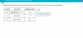 Understanding the common modes of radioactive decay
The table below lists information about the radioactive decay of three nuclides. Fill in the missing information.
nuclide
daughter nuclide
decay mode
180
74
(choose one)
176
Hf
72
14
6C
beta emission
☐
☐
electron capture
88
Sr
38