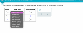 Understanding the common modes of radioactive decay
The table below lists information about the radioactive decay of three nuclides. Fill in the missing information.
nuclide
decay mode
180
W
74
✓ (choose one)
alpha emission
14
6
alpha absorption
beta emission
☐
beta absorption
positron emission
negatron absorption
electron capture
proton capture
daughter nuclide
176
Hf
72
88
☐
38 St
☑