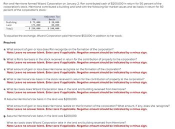 Ron and Hermione formed Wizard Corporation on January 2. Ron contributed cash of $200,000 in return for 50 percent of the
corporation's stock. Hermione contributed a building and land with the following fair market values and tax basis in return for 50
percent of the corporation's stock:
Building
Land
Total
FMV
$75,000
175,000
$ 250,000
Adjusted Tax
Basis
$ 20,000
80,000
$ 100,000
To equalize the exchange, Wizard Corporation paid Hermione $50,000 in addition to her stock.
Required:
a. What amount of gain or loss does Ron recognize on the formation of the corporation?
Note: Leave no answer blank. Enter zero if applicable. Negative amount should be indicated by a minus sign.
b. What is Ron's tax basis in the stock received in return for the contribution of property to the corporation?
Note: Leave no answer blank. Enter zero if applicable. Negative amount should be indicated by a minus sign.
c. What amount of gain or loss does Hermione recognize on the formation of the corporation?
Note: Leave no answer blank. Enter zero if applicable. Negative amount should be indicated by a minus sign.
What is Hermione's tax basis in the sto received in return for the contribution property to corporation?
Note: Leave no answer blank. Enter zero if applicable. Negative amount should be indicated by a minus sign.
e. What tax basis does Wizard Corporation take in the land and building received from Hermione?
Note: Leave no answer blank. Enter zero if applicable. Negative amount should be indicated by a minus sign.
f. Assume Hermione's tax basis in the land was $200,000.
What amount of gain or loss does Hermione realize on the formation of the corporation? What amount, if any, does she recognize?
Note: Leave no answer blank. Enter zero if applicable. Negative amount should be indicated by a minus sign.
g. Assume Hermione's tax basis in the land was $200,000.
What tax basis does Wizard Corporation take in the land and building received from Hermione?
Note: Leave no answer blank. Enter zero if applicable. Negative amount should be indicated by a minus sign.