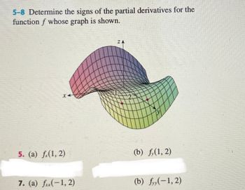 5-8 Determine the signs of the partial derivatives for the
function f whose graph is shown.
5. (a) f(1, 2)
7. (a) f(-1,2)
(b) f(1, 2)
(b) f(-1,2)