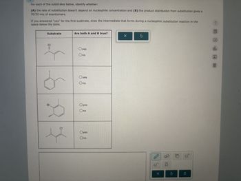 For each of the substrates below, identify whether:
(A) the rate of substitution doesn't depend on nucleophile concentration and (B) the product distribution from substitution gives a
50/50 mix of enantiomers.
If you answered "yes" for the first susbtrate, draw the intermediate that forms during a nucleophilic substitution reaction in the
space below the table.
Substrate
Are both A and B true?
Br.
P
Oyes
Ono
Oyes
Ono
Oyes
Ono
CI
Oyes
Ono
X
olo
Ar