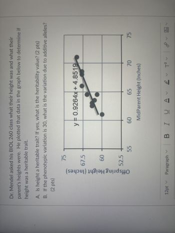 Dr. Mendel asked his BIOL 260 class what their height was and what their
parent's heights were. He plotted that data in the graph below to determine if
height was a heritable trait.
A. Is height a heritable trait? If yes, what is the heritability value? (2 pts)
B. If the phenotypic variation is 30, what is the variation due to additive alleles?
(2 pts)
Offspring Height (Inches)
75
67.5
60
52.5
y = 0.9264x + 4.8519
55
60
65
MidParent Height (Inches)
70
75
12pt v
V
Paragraph B IUA
>
AT2 v
V