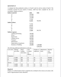 QUESTION 25
A company has three production centres, A, B and C and two service centres, D and E. The
overheads incurred for the month of January, 2020 has been compiled by the cost
accountant's deputy as follows:
Indirect material
GHe
GHe
A
250,000
B
225,000
125,000
D
75,500
E
85.000
760.500
Indirect labour
A
72,500
B
48,600
88,650
D
22.000
15.000
246,750
Indirect expenses
Lighting and heating
100,000
Power
135,000
Supervision
140,000
Canteen service
200,000
Transport
150,000
144,500
200,000
120.000
Maintenance
Depreciation of machinery
Insurance of building
L189,000
2.196,750
The following additional information is relevant:
Cost centre Mileage
Number of Maintenance Machine
employees hours
Meter
Area
per centre reading
occupies
(kilowatts) (sq.
cost
(GHe)
Meters)
Production
A
15,000
200
20
60
15
300,000
B
20,000
500
50
80
25
600,000
25,000
300
30
60
10
100,000
Service
E
10,000
150
20
30
20
F
10,000
250
30
20
40
Required:
Prepare an overhead analysis sheet to apportion the overheads to the various cost centres with
basis of apportionment clearly identified.
