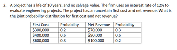 2. A project has a life of 10 years, and no salvage value. The firm uses an interest rate of 12% to
evaluate engineering projects. The project has an uncertain first cost and net revenue. What is
the joint probability distribution for first cost and net revenue?
Probability
0.2
First Cost
$300,000
$400,000
0.5
$600,000
0.3
Net Revenue
$70,000
Probability
0.3
$90,000
0.5
$100,000
0.2