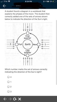 ll TEW
8:24 PM
@ 1 0 15% 0
A student found a diagram in a workbook that
explains the phases of the moon. The student then
correctly added one of the sets of arrows shown
below to indicate the direction of the Sun's light.
4
First
quarter
OFull
Earth
New
1
Last
quarter
111
Which number marks the set of arrows correctly
indicating the direction of the Sun's light?
4
2
3
