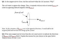 **Q3.** As the magnet moves closer, the flux enclosed within the coil increases. Why?

The coil wants to oppose this change. Thus, it responds with an *induced* current \( I_{\text{induced}} \) to create an opposing induced magnetic field \( B_{\text{induced}} \).

*Diagram Explanation*:
The diagram shows a side view of a coil. The front of the coil is labeled, and an arrow representing the induced current \( I_{\text{induced}} \) is shown moving counter-clockwise around the coil. Another arrow points from the interior of the coil outward, labeled \( B_{\text{induced}} \), indicating the direction of the induced magnetic field opposing the change in flux.

*Note*: In this situation, if \( B_{\text{induced}} \) was in the opposite direction, it would add to the original field and increase the energy of the system!

**Q4.** If the same magnet moved away from the coil, insert arrows to indicate the directions of \( B_{\text{induced}} \) and \( I_{\text{induced}} \) below. Explain the reasons for your choices in the space below. Think in terms of Lenz’s Law.