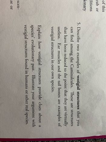of this
=rab or
ditions
ionary
escen-
se or
5. Describe two examples of vestigial structures that you
can find
among the Caminalcules. These are structures
that have been reduced to the point that they are virtually
useless. Ear muscles and the tail bones are examples of
vestigial structures in our own species.
Explain how vestigial structures provide clues about a
species' evolutionary past. Illustrate your argument with
vestigial structures found in humans or other real species.