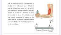 Q4/ A skeletal diagram of a hand holding a
load is shown in the upper figure. If the load
and the forearm have masses of 2 kg and 1.2
kg, respectively, and their centers of mass are
located at G1 and G2 , determine the force
developed in the biceps CD and the horizontal
and vertical components of reaction at the
G2
elbow joint B. The forearm supporting system
can be modeled as the structural system shown
in the lower figure.
75°
|G2
-135 mm-
A
-100 mm→
\65 mml
