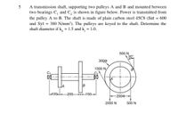 5
A transmission shaft, supporting two pulleys A and B and mounted between
two bearings C, and C, is shown in figure below. Power is transmitted from
the pulley A to B. The shaft is made of plain carbon steel 45C8 (Sut = 600
and Syt = 380 N/mm?). The pulleys are keyed to the shaft. Determine the
shaft diameter if k, = 1.5 and k, = 1.0.
500 N
30
3000
1500 N
JA
100-
-200-
-150-
-2004-
2000 N
500 N
