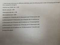 7. Given the pK, information for different acids below, place the following acids in order of increasing acid strength
(from weakest to strongest).
Anilinium ion, CSH6N*, pKa = 4.60
Benzilic acid, pka = 3.09
%3D
Chloroacetic acid, pKa = 2.98
%3D
Dibromophenol, pka = 8.06
%3D
a) Anilinium ion → Benzilic acid → Chloroacetic acid → Chloroacetic acid
b) Dibromophenol → Chloroacetic acid → Benzilic acid → Anilinium ion
c) Chloroacetic acid → Benzilic acid → Anilinium ion → Dibromophenol
d) Dibromophenol → Anilinium ion → Benzilic acid → Chloroacetic acid
e) Chloroacetic acid → Anilinium ion → Dibromophenol→ Benzilic acid
f) none of the above
