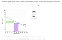 Use the purple rectangle (diamond symbols) to shade the area representing the revenue lost from selling fewer units of output. Then use the green
rectangle (triangle symbols) to shade the area representing the revenue gained from selling each unit of output at a higher price.
100
90
Revenue Lost
80
70
60
Revenue Gained
Demand
30
20
10
+
20
40
60
80
100
120
140
160
180
200
QUANTITY (Units)
This monopolist's marginal revenue equals $
(Hint: Enter the negative sign, if necessary.)
PRICE (Dollars)
