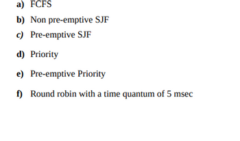 a) FCFS
b) Non pre-emptive SJF
c) Pre-emptive SJF
d) Priority
e)
Pre-emptive Priority
f) Round robin with a time quantum of 5 msec