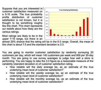 Suppose that you are interested in
customer satisfaction measured on
a 0-10 scale. The true probability
profile distribution of customer
satisfaction is not known, but it is
thought to be something roughly
like this chart. This chart represents
our beliefs about how likely are the
various ratings.
40%
35%
30%
25%
20%
15%
10%
5%
0%
Most ratings are likely to be in the
upper 7-10 range, but there is an
almost 20% chance that the rating will be in the 0-3 range. Overall, the mean of
this chart is about 7.5 and the standard deviation is 3.3.
0
1
True Underlying Satisfaction
2
3
4
5
6
7
8
9
10
You are going to monitor customer satisfaction by randomly surveying 20
customers per day, which will mean 140 customers per week and 600 per 30-day
month. You are going to use survey averages to judge how well a store is
performing. You are happy to take the 3.3 figure as a reasonable measure of the
variability (standard deviation o) of customer satisfaction rating.
●
How reliable will the daily average be, as an estimate of the true
underlying mean level of customer satisfaction?*
How reliable will the weekly average be, as an estimate of the true
underlying mean level of customer satisfaction?
How reliable will the monthly average be, as an estimate of the true
underlying mean level of customer satisfaction?