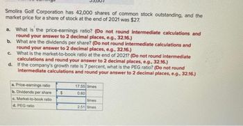 Smolira Golf Corporation has 42,000 shares of common stock outstanding, and the
market price for a share of stock at the end of 2021 was $27.
a. What is the price-earnings ratio? (Do not round intermediate calculations and
round your answer to 2 decimal places, e.g., 32.16.)
b.
What are the dividends per share? (Do not round intermediate calculations and
round your answer to 2 decimal places, e.g., 32.16.)
c.
What is the market-to-book ratio at the end of 2021? (Do not round intermediate
calculations and round your answer to 2 decimal places, e.g., 32.16.)
d.
If the company's growth rate is 7 percent, what is the PEG ratio? (Do not round
intermediate calculations and round your answer to 2 decimal places, e.g., 32.16.)
a. Price-earnings ratio
b. Dividends per share $
c. Market-to-book ratio
d. PEG ratio
17.55 times
0.60
times
2.51 times